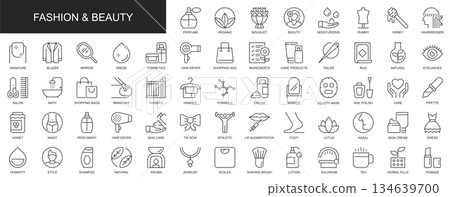 Fashion and beauty web icons set in thin line design. Pack of perfume, hairdresser, manicure, salon, athletics, lip augmentation, skin cream, other outline stroke pictograms. Vector illustration. Fashion and beauty web icons set in thin line design. Pack of perfume, hairdresser, manicure, salon, athletics, lip augmentation, skin cream, other outline stroke pictograms. Vector illustration. 134639700