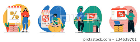 Discount sales concept with people scenes set in flat web design. Bundle of character situations with men and women shopping with bargain prices, ordering online and purchasing. Vector illustrations. Discount sales concept with people scenes set in flat web design. Bundle of character situations with men and women shopping with bargain prices, ordering online and purchasing. Vector illustrations. 134639701