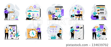 UI UX design web concept with people scenes mega set in flat design. Bundle of character situations with user interface layouts creating, testing app usability for mobile screen. Vector illustrations. 134639702