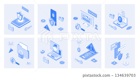 Cyber security 3d isometric concept set with isometric icons design for web. Collection of fingerprint scan verification, password lock access, hacker attack guarding software. Vector illustration Cyber security 3d isometric concept set with isometric icons design for web. Collection of fingerprint scan verification, password lock access, hacker attack guarding software. Vector illustration 134639703
