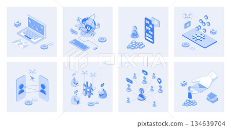 Social network 3d isometric concept set with isometric icons design for web. Collection of internet friends connection, chatting and messaging apps, posting comments with emoji. Vector illustration 134639704