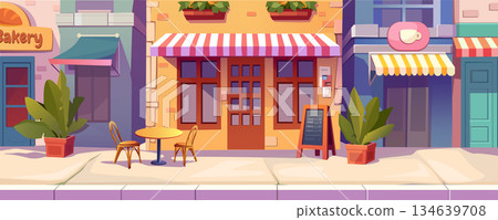 City street cafe background banner for game design. Small business cityscape with outdoor chairs and table of restaurant by cafeteria and bakery, shop entrance in building. Vector cartoon illustration 134639708