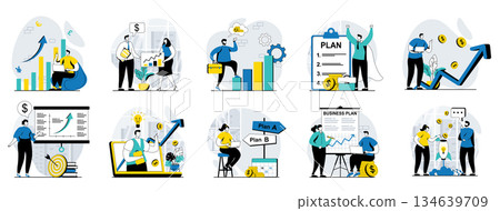 Business making web concept with people scenes mega set in flat design. Bundle of character situations with data marketing research, making plan presentation, strategy creating. Vector illustrations. 134639709
