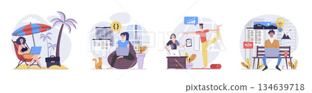 Freelance concept with people scenes set in flat web design. Collection of character situation with freelancers working online while travelling, doing tasks distantly and relax. Vector illustrations. Freelance concept with people scenes set in flat web design. Collection of character situation with freelancers working online while travelling, doing tasks distantly and relax. Vector illustrations. 134639718
