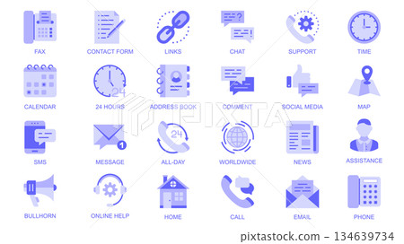 Contact us web icons set in duotone flat design. Pack pictograms with fax, contract form, links, chat, support, calendar, address book, comment, social media, call, sms, other. Vector illustration. 134639734