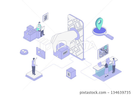 Online delivery isometric concept in outline isometry design for web. People receiving parcels from courier, tracking online in smartphone, pay for service of logistics company. Vector illustration. 134639735
