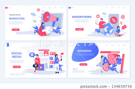 Social media and marketing web concept for landing page in flat design. Online advertising, branding and promotion, influencing to followers. Vector illustration with people characters for homepage 134639739