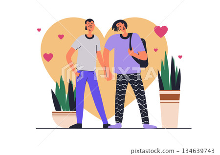 LGBT gay couple web concept with people scene in flat design. Men in romantic relationship hold hands and walking together, standing and flirting. Vector illustration with character situation for web 134639743