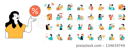 Mobile commerce concept with character situations mega set in flat web design. Bundle of scenes people making purchases with discounts, shopping online, ordering and paying. Vector illustrations. Mobile commerce concept with character situations mega set in flat web design. Bundle of scenes people making purchases with discounts, shopping online, ordering and paying. Vector illustrations. 134639749