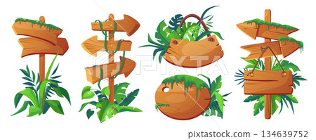 Jungle signboards mega set in cartoon graphic design. Bundle elements of different shapes of empty wooden direction pointers and guidepost with rainforest leaves. Vector illustration isolated objects Jungle signboards mega set in cartoon graphic design. Bundle elements of different shapes of empty wooden direction pointers and guidepost with rainforest leaves. Vector illustration isolated objects 134639752