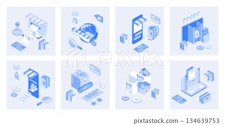 Online shopping 3d isometric concept set with isometric icons design for web. Collection of orders paying, purchasing at sales, internet commerce, customer gifts and discounts. Vector illustration Online shopping 3d isometric concept set with isometric icons design for web. Collection of orders paying, purchasing at sales, internet commerce, customer gifts and discounts. Vector illustration 134639753
