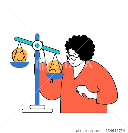 Mental health concept with cartoon people in flat design for web. Woman works as psychologist, researches happy or sad client feelings. Vector illustration for social media banner, marketing material. 134639754