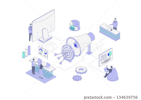 Digital marketing isometric concept in outline isometry design for web. People attracting audience, targeting goals, making online promotion and advertising in social networks. Vector illustration. Digital marketing isometric concept in outline isometry design for web. People attracting audience, targeting goals, making online promotion and advertising in social networks. Vector illustration. 134639756