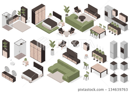 Furniture isometric elements constructor mega set. Creator kit with flat graphic interior objects for bathroom, bedroom, living room, dining and kitchen. Vector illustration in 3d isometry design Furniture isometric elements constructor mega set. Creator kit with flat graphic interior objects for bathroom, bedroom, living room, dining and kitchen. Vector illustration in 3d isometry design 134639763