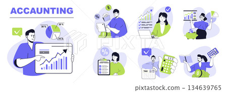 Accounting concept set for web design. Collection with people making financial balance review, tax calculation, banking and investing money. Flat vector illustration isolated on white background. 134639765