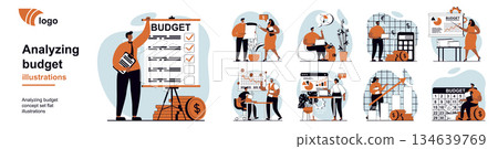 Analyzing budget concept with people scenes mega set in flat web design. Bundle of character situation with bookkeeping doing accounting, calculate financial statistics in report. Vector illustrations 134639769