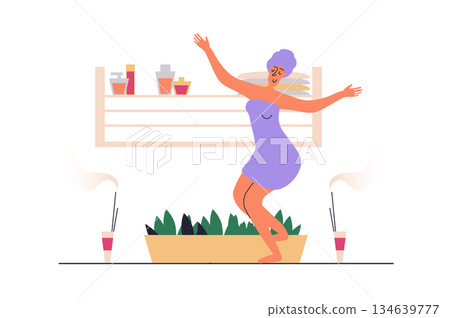Spa salon web concept with people scene in flat design. Woman in towels relaxing and enjoying aromatherapy procedure and body skin care pampering. Vector illustration with character situation for web Spa salon web concept with people scene in flat design. Woman in towels relaxing and enjoying aromatherapy procedure and body skin care pampering. Vector illustration with character situation for web 134639777