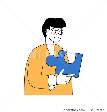 Mental health concept with cartoon people in flat design for web. Man holds puzzle piece and trying solving problems at psychotherapy. Vector illustration for social media banner, marketing material. 134639784