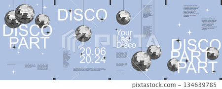 Disco party modern banner with trendy minimalist typography design. Poster templates with shiny and glowing disco balls composition and text elements for nightclub invitation. Vector illustration. Disco party modern banner with trendy minimalist typography design. Poster templates with shiny and glowing disco balls composition and text elements for nightclub invitation. Vector illustration. 134639785