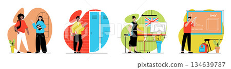 School learning concept with people scenes set in flat web design. Bundle of character situations with classmates discussing, saves books in locker, going to lessons in class. Vector illustrations. 134639787