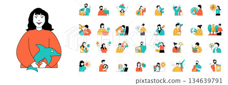 Ecology concept with character situations mega set in flat web design. Bundle of scenes people using alternative energy, saving planet from climate change, protecting ecosystems. Vector illustrations. Ecology concept with character situations mega set in flat web design. Bundle of scenes people using alternative energy, saving planet from climate change, protecting ecosystems. Vector illustrations. 134639791