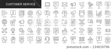 Customer service web icons set in thin line design. Pack of feedback, online help, technical support, call, chatting, processing, solution, faq, other outline stroke pictograms. Vector illustration. Customer service web icons set in thin line design. Pack of feedback, online help, technical support, call, chatting, processing, solution, faq, other outline stroke pictograms. Vector illustration. 134639796