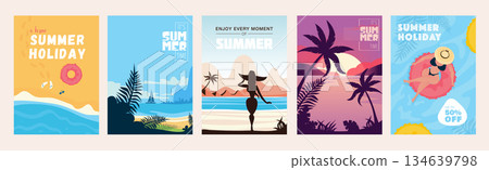 Summer sale cover brochure set in trendy flat design. Summertime banner templates with exotic ocean beach, yacht swimming, woman in swimsuit at resort, palm trees in sunset. Vector illustration. Summer sale cover brochure set in trendy flat design. Summertime banner templates with exotic ocean beach, yacht swimming, woman in swimsuit at resort, palm trees in sunset. Vector illustration. 134639798