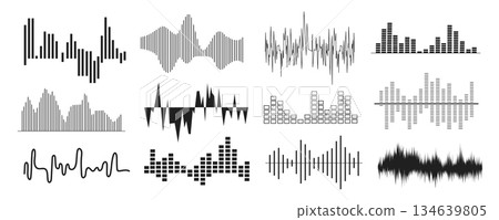 Sound waves mega set in flat graphic design. Collection elements of abstract black line music volume and audio lines, tune equalizer visualisation, voice frequency signal symbol. Vector illustration. 134639805