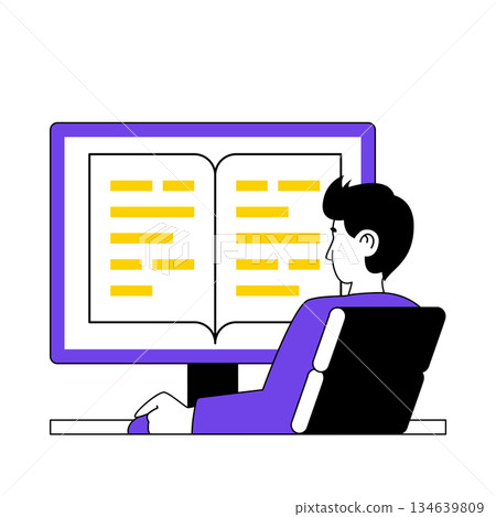 Book reading concept with cartoon people in flat design for web. Man reads e-book at computer screen, researching electronic textbooks. Vector illustration for social media banner, marketing material. 134639809