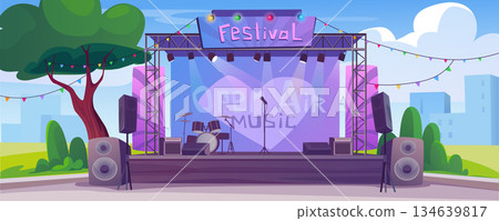 Festival music stage background banner for game design. Open air musical concert equipment with instrument on scene, spotlights, amplifiers, garlands at day cityscape view. Vector cartoon illustration Festival music stage background banner for game design. Open air musical concert equipment with instrument on scene, spotlights, amplifiers, garlands at day cityscape view. Vector cartoon illustration 134639817