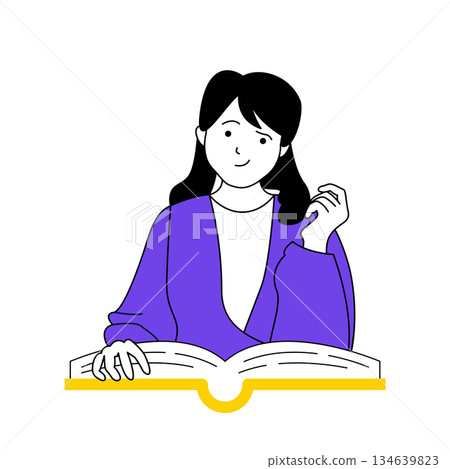 Book reading concept with cartoon people in flat design for web. Woman reads fiction text or graphic novel, learning with textbook. Vector illustration for social media banner, marketing material. 134639823