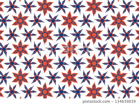 Seamless geometric floral pattern with red and blue star shapes Seamless geometric floral pattern with red and blue star shapes 134639839