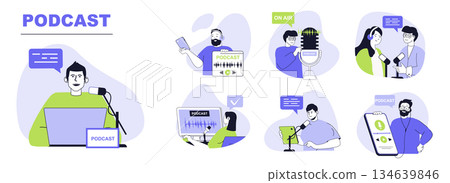 Podcast concept set for web design. Collection with people record audio interview or online show, host and guest talking in microphone in studio. Flat vector illustration isolated on white background. 134639846