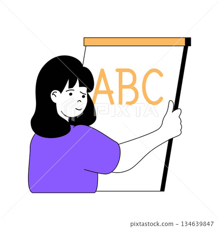 Education concept with cartoon people in flat design for web. Teacher explaining alphabet at primary classes and working at school. Vector illustration for social media banner, marketing material. Education concept with cartoon people in flat design for web. Teacher explaining alphabet at primary classes and working at school. Vector illustration for social media banner, marketing material. 134639847