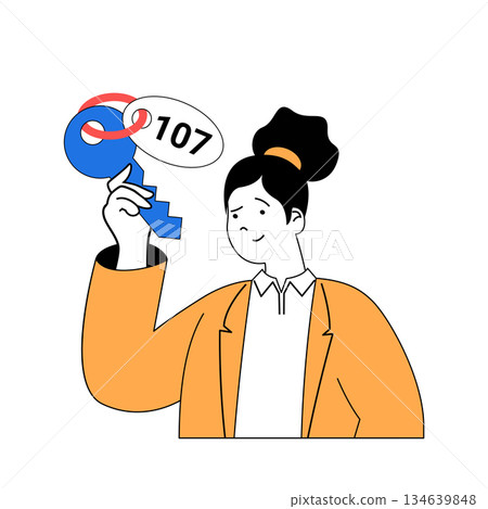 Travel concept with cartoon people in flat design for web. Woman holding key, going to vacation and booking hotel room accommodation. Vector illustration for social media banner, marketing material. 134639848