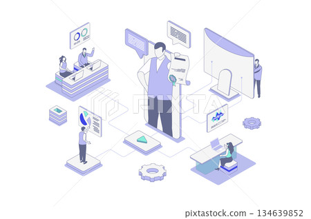 Coaching isometric concept in outline isometry design for web. People training with business coach at lecture for company employees, improves sales performance with trainer. Vector illustration. 134639852