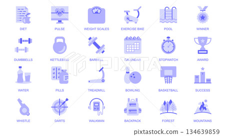 Fitness web icons set in duotone flat design. Pack pictograms with diet, pulse, weight scales, exercise bike, pool, winner, dumbbell, kettlebell, barbell, stopwatch, award, other. Vector illustration. Fitness web icons set in duotone flat design. Pack pictograms with diet, pulse, weight scales, exercise bike, pool, winner, dumbbell, kettlebell, barbell, stopwatch, award, other. Vector illustration. 134639859
