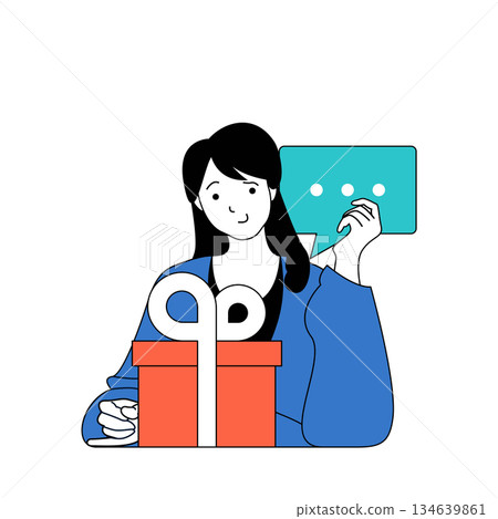 Social media concept with cartoon people in flat design for web. Woman attracting followers in her online blog with giveaway gifts. Vector illustration for social media banner, marketing material. 134639861