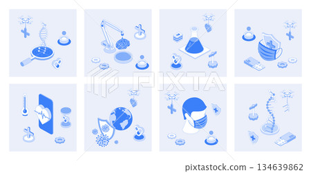 Medicine 3d isometric concept set with isometric icons design for web. Collection of dna genetics researches, laboratory experiments, chemical tests, vaccination and healthcare. Vector illustration 134639862