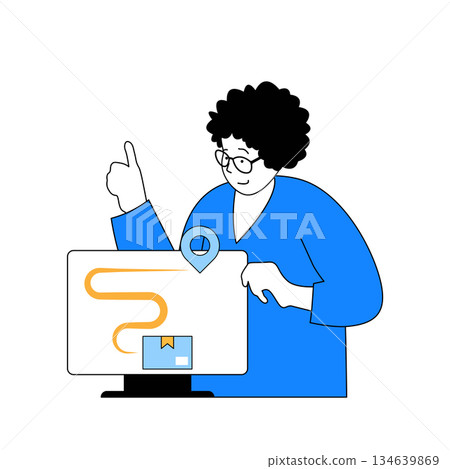 Delivery concept with cartoon people in flat design for web. Woman waiting parcel shipment and tracking route at map from computer. Vector illustration for social media banner, marketing material. Delivery concept with cartoon people in flat design for web. Woman waiting parcel shipment and tracking route at map from computer. Vector illustration for social media banner, marketing material. 134639869