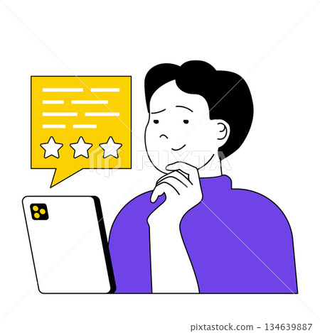 Recruitment concept with cartoon people in flat design for web. Man finding open vacancy in app and sending his cv with best rating. Vector illustration for social media banner, marketing material. 134639887