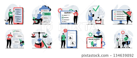 Online survey web concept with people scenes mega set in flat design. Bundle of character situations with questionnaire form filling, election poll vote, answer exam questions. Vector illustrations. 134639892