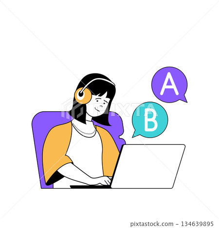 Education concept with cartoon people in flat design for web. Student learning new language at distance course with speaking club. Vector illustration for social media banner, marketing material. 134639895