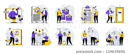 Employee hiring process web concept with people scenes mega set in flat design. Bundle of character situations with human resources, staff recruitment, finding candidates online. Vector illustrations. Employee hiring process web concept with people scenes mega set in flat design. Bundle of character situations with human resources, staff recruitment, finding candidates online. Vector illustrations. 134639898