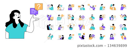 Contact us concept with character situations mega set in flat web design. Bundle of scenes people calling to company support center, send business emails, chatting with operator. Vector illustrations. 134639899