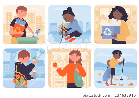 Eco friendly concept with people situation set in flat web design. Bundle scenes with multiethnic diverse characters of collecting trash, recycling plastic, planting tree, other. Vector illustrations. Eco friendly concept with people situation set in flat web design. Bundle scenes with multiethnic diverse characters of collecting trash, recycling plastic, planting tree, other. Vector illustrations. 134639919