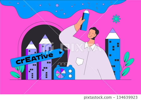 Creative process concept in modern flat design for web. Man thinking and generating new ideas, finding drawing inspiration for project. Vector illustration for social media banner, marketing material. Creative process concept in modern flat design for web. Man thinking and generating new ideas, finding drawing inspiration for project. Vector illustration for social media banner, marketing material. 134639923