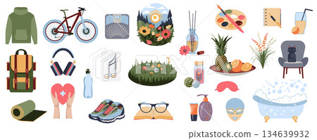 Self care objects mega set in flat graphic design. Collection elements of travel and sports equipments, reading book, painting, writing, aromatherapy relax, spa items, other. Vector illustration. Self care objects mega set in flat graphic design. Collection elements of travel and sports equipments, reading book, painting, writing, aromatherapy relax, spa items, other. Vector illustration. 134639932