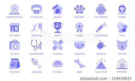 Pets and veterinary web icons set in duotone flat design. Pack pictograms with hamster wheel, collar, kennel, paw print, carrier, grooming, vaccination, pills, cat face, other. Vector illustration. 134639935