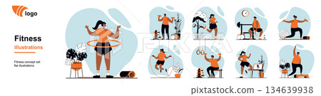 Fitness at gym concept with people scenes mega set in flat web design. Bundle of character situation with home video workouts, dumbbell training, running, jumping activity rope. Vector illustrations. 134639938
